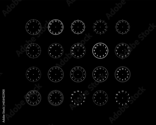 Mechanical clock faces with arabic numerals, bezel. Blank measuring circle scale. Timer or stopwatch. Vector illustration.
