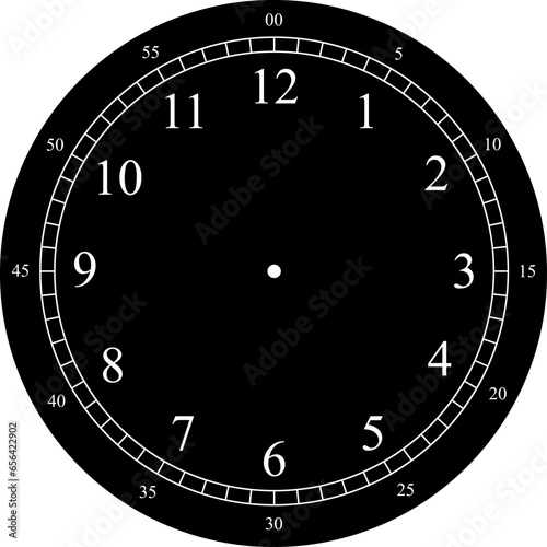 Mechanical clock faces with arabic numerals, bezel. Blank measuring circle scale. Timer or stopwatch. Vector illustration.