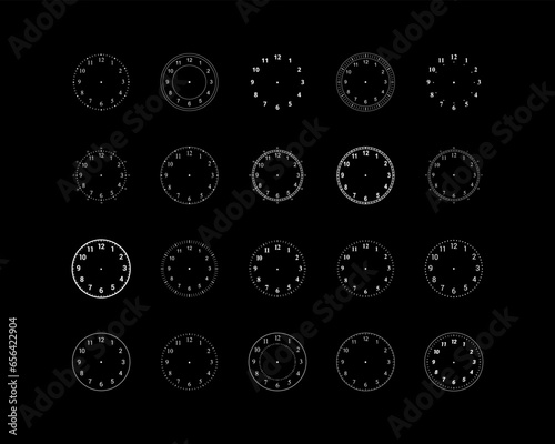 Mechanical clock faces with arabic numerals, bezel. Blank measuring circle scale. Timer or stopwatch. Vector illustration.