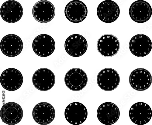 Mechanical clock faces with arabic numerals, bezel. Blank measuring circle scale. Timer or stopwatch. Vector illustration.