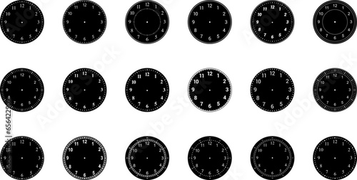 Mechanical clock faces with arabic numerals, bezel. Blank measuring circle scale. Timer or stopwatch. Vector illustration.