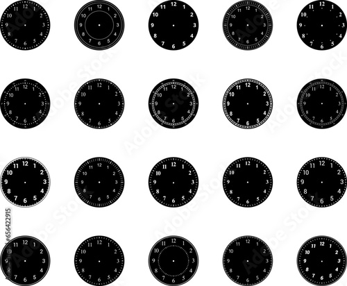 Mechanical clock faces with arabic numerals, bezel. Blank measuring circle scale. Timer or stopwatch. Vector illustration.
