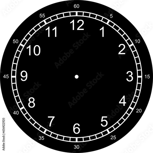 Mechanical clock faces with arabic numerals, bezel. Blank measuring circle scale. Timer or stopwatch. Vector illustration.