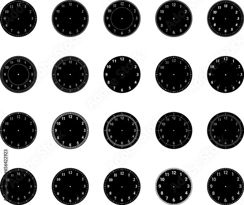 Mechanical clock faces with arabic numerals, bezel. Blank measuring circle scale. Timer or stopwatch. Vector illustration.