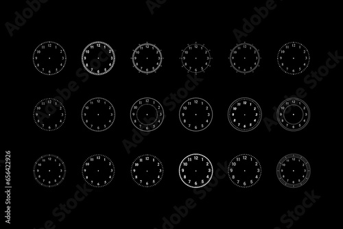 Mechanical clock faces with arabic numerals, bezel. Blank measuring circle scale. Timer or stopwatch. Vector illustration.