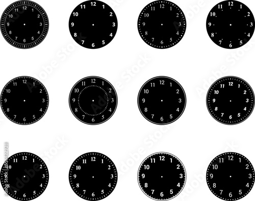 Mechanical clock faces with arabic numerals, bezel. Blank measuring circle scale. Timer or stopwatch. Vector illustration.