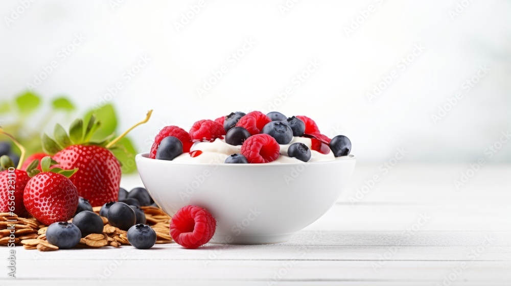 Tasty granola yogurt and fresh berries in bowl on white background. Banner Tasty granola yogurt and fresh berries in bowl on white background. Banner