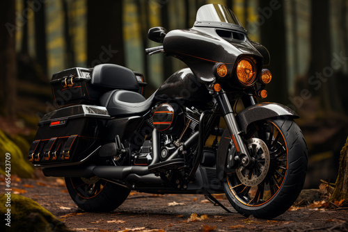 Road King with saddlebags, emphasizing its touring capabilities and long-distance appeal, Generative AI
