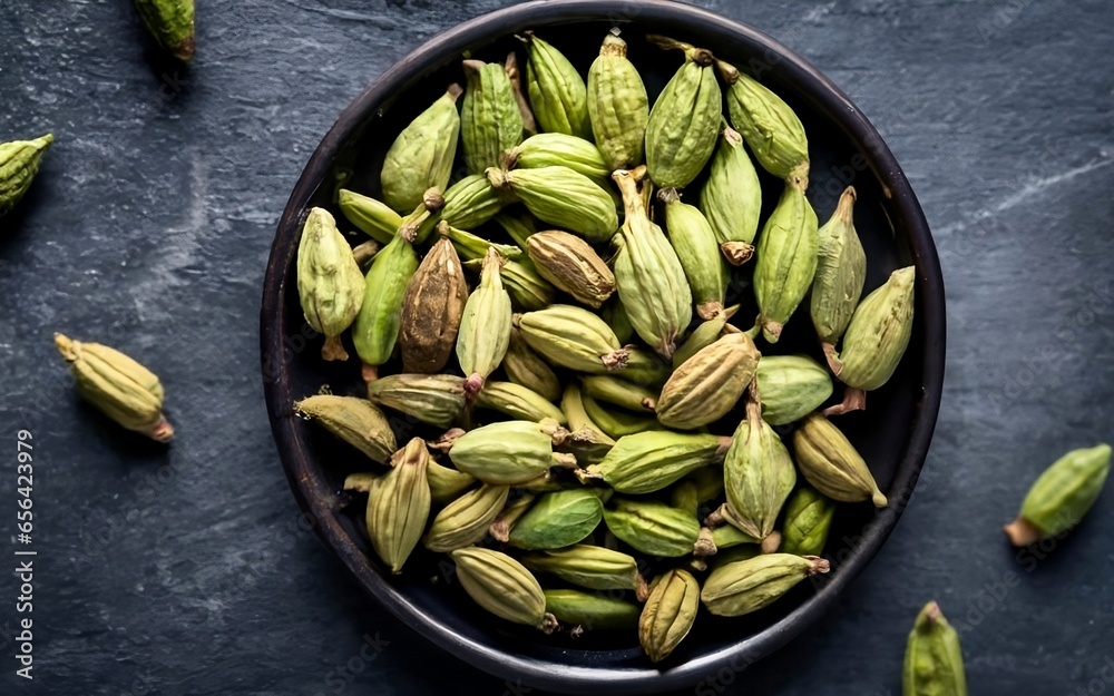 Discover the aromatic and healthful world of cardamom presented on a plate, a natural flavor enhancer well-known for its culinary and wellness benefits.