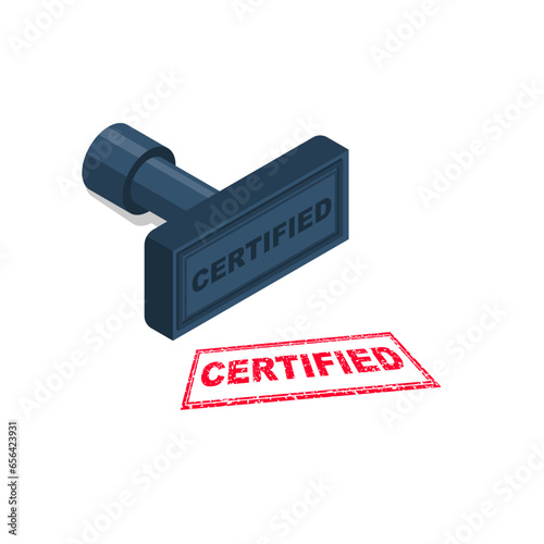 Red certified rubber stamp on a white sheet of paper. Official documents. Vector illustration isometric design. Isolated on white background.