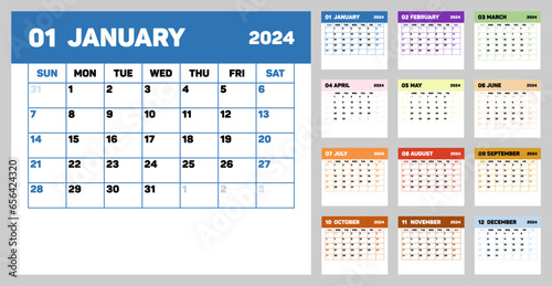 Classic monthly calendar for 2024. Calendar in style of minimalist square shape. Week starts on Sunday. Desktop planner in simple clean style. Corporate or business calendar