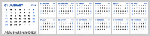 Calendar for 2024. Calendar in a minimalist corporate style. Week Starts on Sunday. 12 months year. Vector illustration in flat style