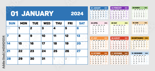 Calendar for 2024. Calendar in minimalist corporate style. Bright planner template. 12 months year. Vector illustration in flat style