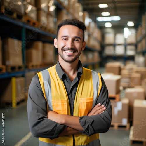 Happy young worker man factory manager working in warehouse while smiling