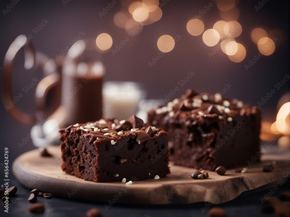 Obraz premium Delicious homemade brownie with ingredients on blurry background