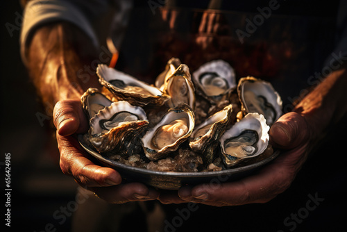 a man holds a plate of freshly caught oysters