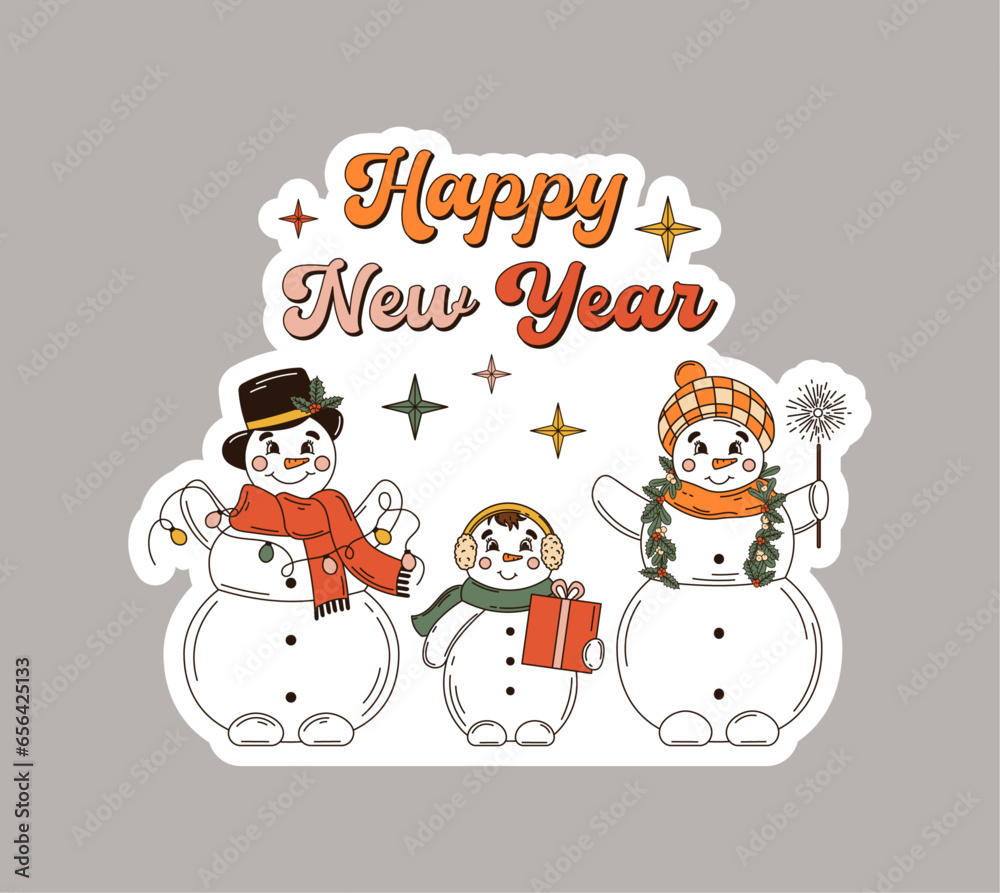 Merry Christmas and Happy New year. Snowmans in trendy retro cartoon style. Cool sticker Merry Christmas and Happy New year. Snowmans in trendy retro cartoon style. Cool sticker