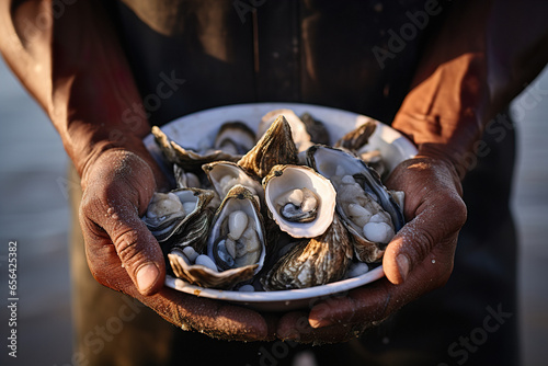 a man holds a plate of freshly caught oysters