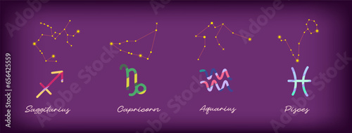 Set Zodiac signs, Colorful zodiacs, Icons for the design of Esoteric with Constellations, astrologic maps, calendars. Vector elements on Purple background. Sagittarius, Capricorn, Aquarius, Pisces.