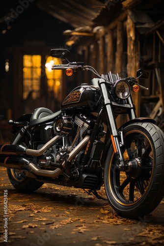 Classic motorcycle parked in front of a rustic barn, blending classic and rural aesthetics, Generative AI © Shooting Star Std