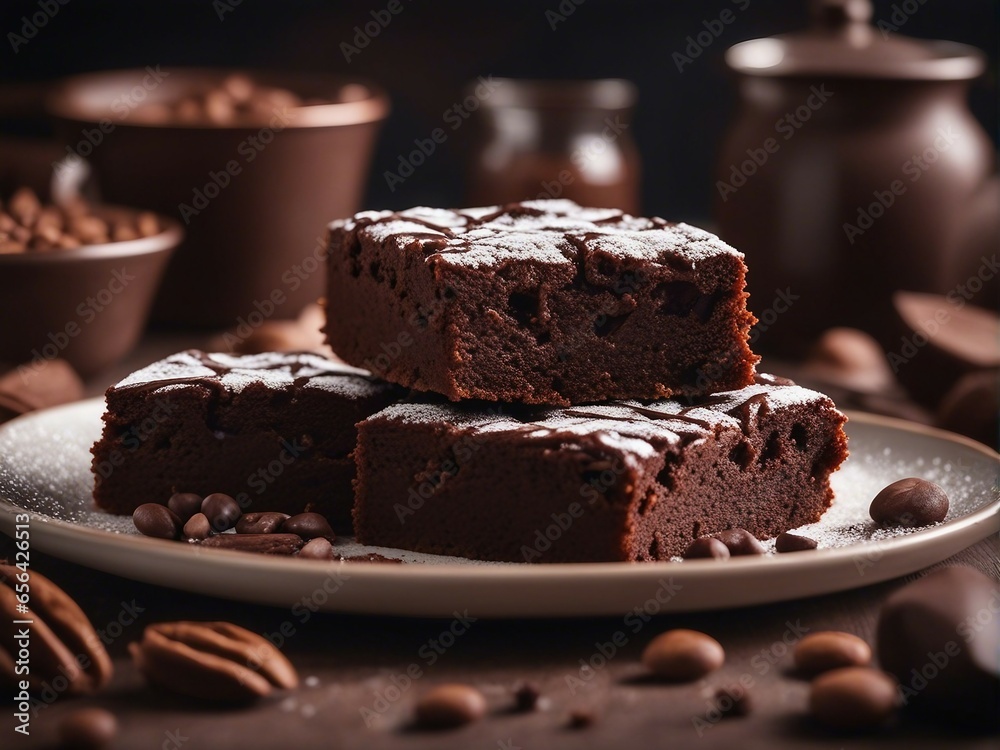 Delicious homemade brownie with chocolate pieces on dark background

