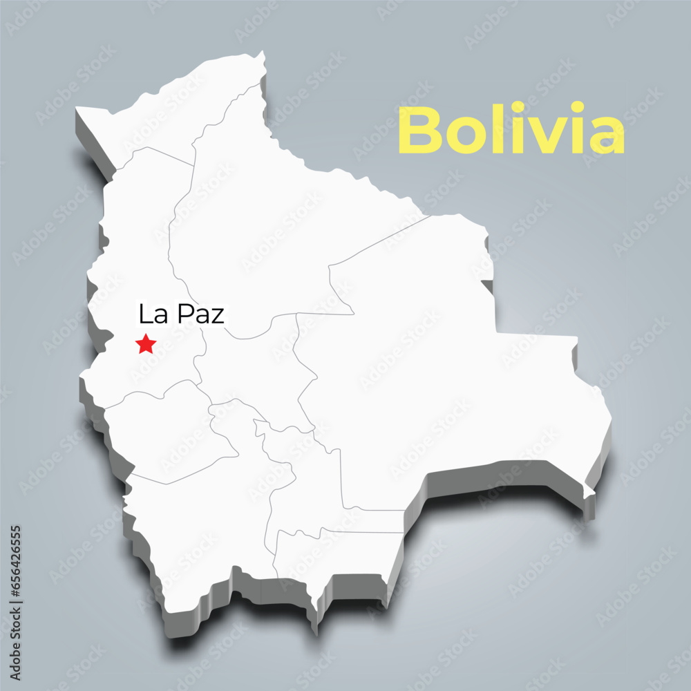 Bolivia 3d map with borders of regions and it’s capital