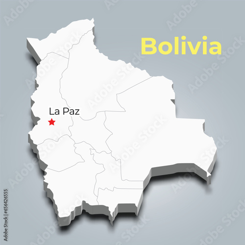 Bolivia 3d map with borders of regions and it   s capital