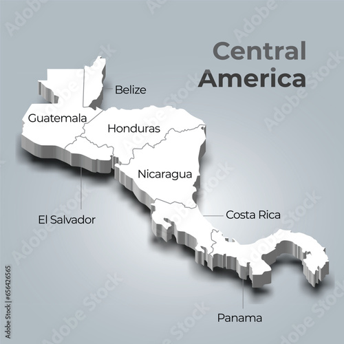 Central America 3d map with borders of regions and it’s capital
