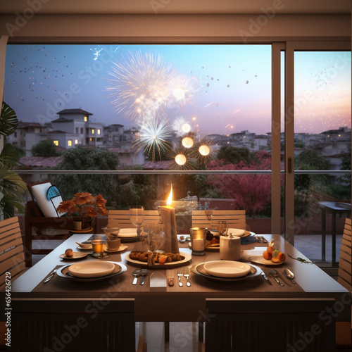 a modern indian house dining room, 6 seater dining table setting with sweets on the table, candles on the table, flower decoration on the table, firecrackers ourside window view in the sky, photo