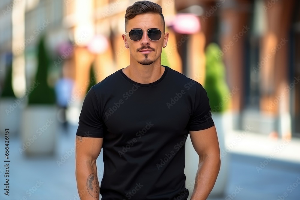 Young Male Model Wearing Black Tshirt On The Street In Daylight, Serving As Shirt Mockup Template For Design Print Mockup