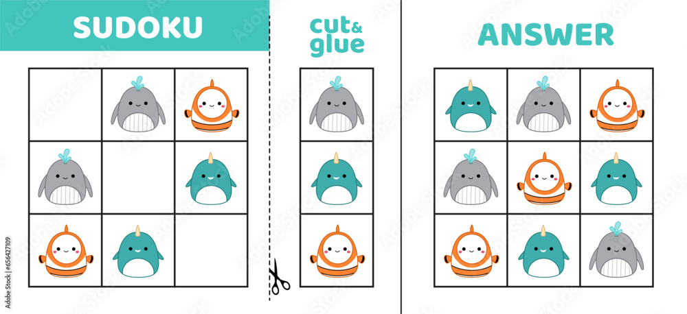 Easy sudoku with three sea animals and fish. Squishmallow. Game puzzle for little kids. Cut and glue. Cartoon
