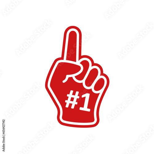 Foam fingers. Number one, fan hand glove with red finger raised. Foam hand. Sport supporting. Hand up with number 1. Vector illustration flat design. Isolated on a white background.