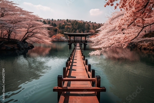 view of a wooden bridge connecting to a temple on the lake photo