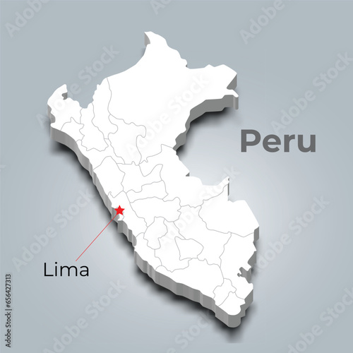 Peru 3d map with borders of regions and it’s capital