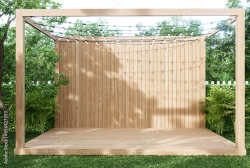 Fototapeta Naklejka Na Ścianę i Meble -  Empty wooden stage in the garden, decorated with fairy lights, prepared for a party, 3d render