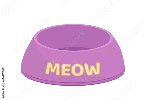 Purple cat bowl with inscription meow. Cat bowl. Flat, cartoon, vector