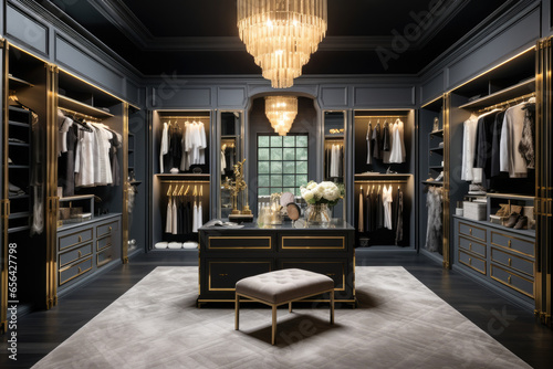 Step into the opulent world of a fashionista's dream closet, boasting spacious shelves, elegant lighting, and luxurious gray and gold tones, complete with modern mirrors