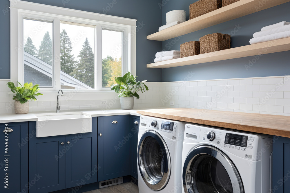 Spacious and modern laundry room with a serene and elegant farmhouse style, featuring a white and navy blue color scheme, organized cabinets, functional appliances, and a folding station. Spacious and modern laundry room with a serene and elegant farmhouse style, featuring a white and navy blue color scheme, organized cabinets, functional appliances, and a folding station.