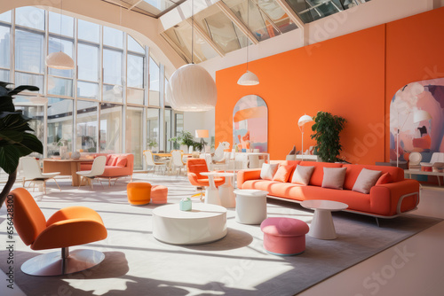 Exploring a Delightful Coral Oasis: A Vibrant and Contemporary Modern Office Interior, Energizing Employees with Stylish Furniture and Natural Lighting in a Calming and Collaborative Workspace.