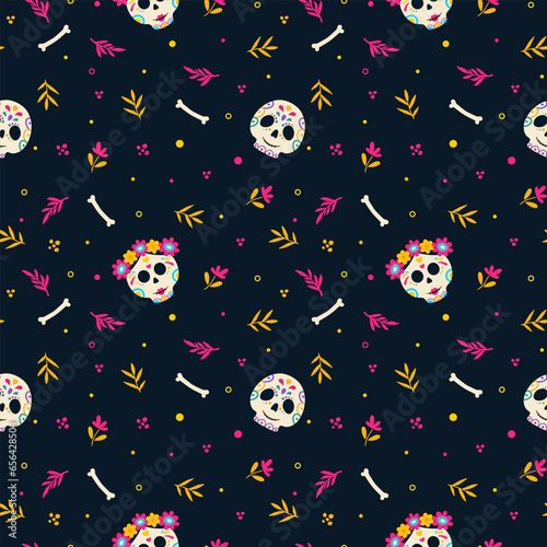 Seamless pattern for Day of the dead holiday. Texture for fabric, wrapping, textile, wallpaper, clothing.