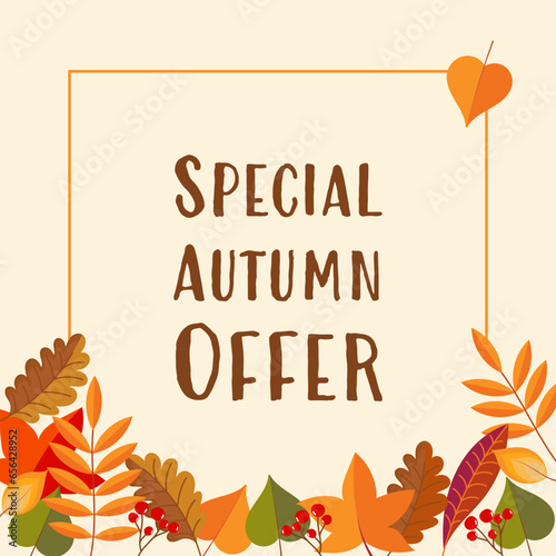 Special Autumn Offer - Schriftzug in englischer Sprache - Spezielles Herbstangebot. Verkaufspraktiken mit buntem Herbstblättern.