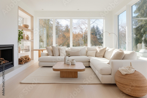 A Bright and Airy Living Room Haven  Serene Interior with Stylish Minimalism  Spacious Open Concept  and Tranquil Neutral Tones for Relaxation and Elegance.