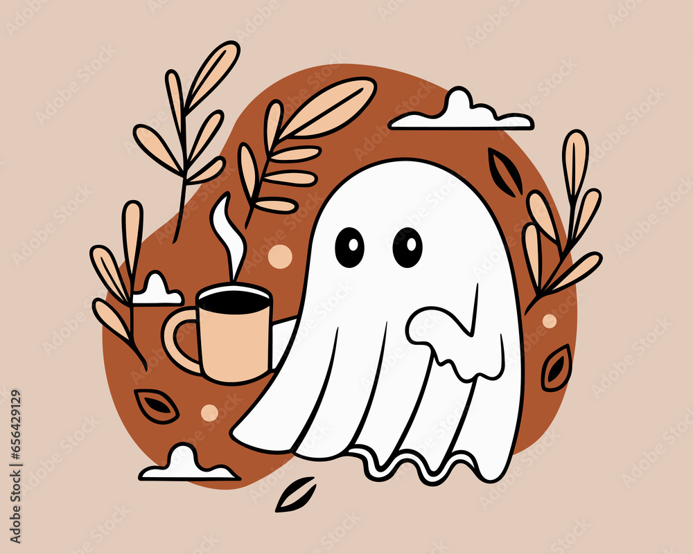 Ghost drinking coffee illustration. Sheet ghost holding a mug. Fall