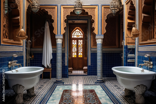 Exploring a Mesmerizing Moroccan Bazaar Oasis: Vibrant and Intricately Tiled Bathroom Reveals Exotic Mosaic Craftsmanship and Luxurious Cultural Inspired Design