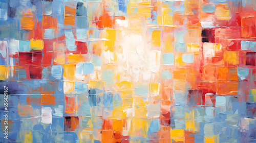 A painting of a colorful abstract painting with squares and lines on its surface