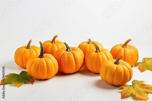 Fall Background Adorned With Orange Pumpkins And Autumn Leaves On Light Surface