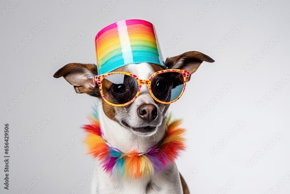 Funny Party Dog Wearing Colorful Summer Hat And Stylish Sunglasses Against White Background