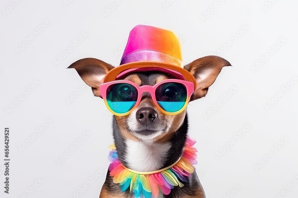 Funny Party Dog Wearing Colorful Summer Hat And Stylish Sunglasses Against White Background