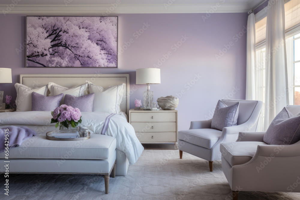 A Tranquil Bedroom Oasis: Dreamy Serenity and Elegance in a Lavender Color Scheme, Creating a Cozy and Peaceful Sanctuary for Relaxation and Sleep. A Tranquil Bedroom Oasis: Dreamy Serenity and Elegance in a Lavender Color Scheme, Creating a Cozy and Peaceful Sanctuary for Relaxation and Sleep.