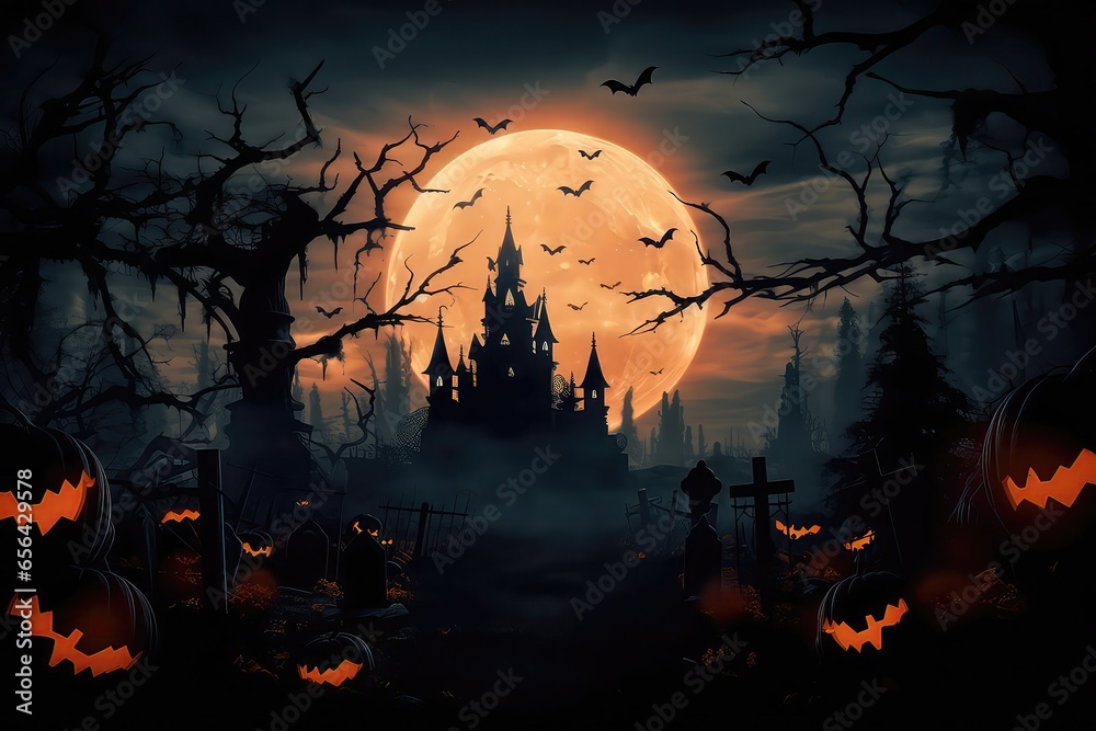 Halloween Night Scene Background Featuring Castle Engulfed In Flames Within Graveyard And Bats In The Night, Generated Using Ai